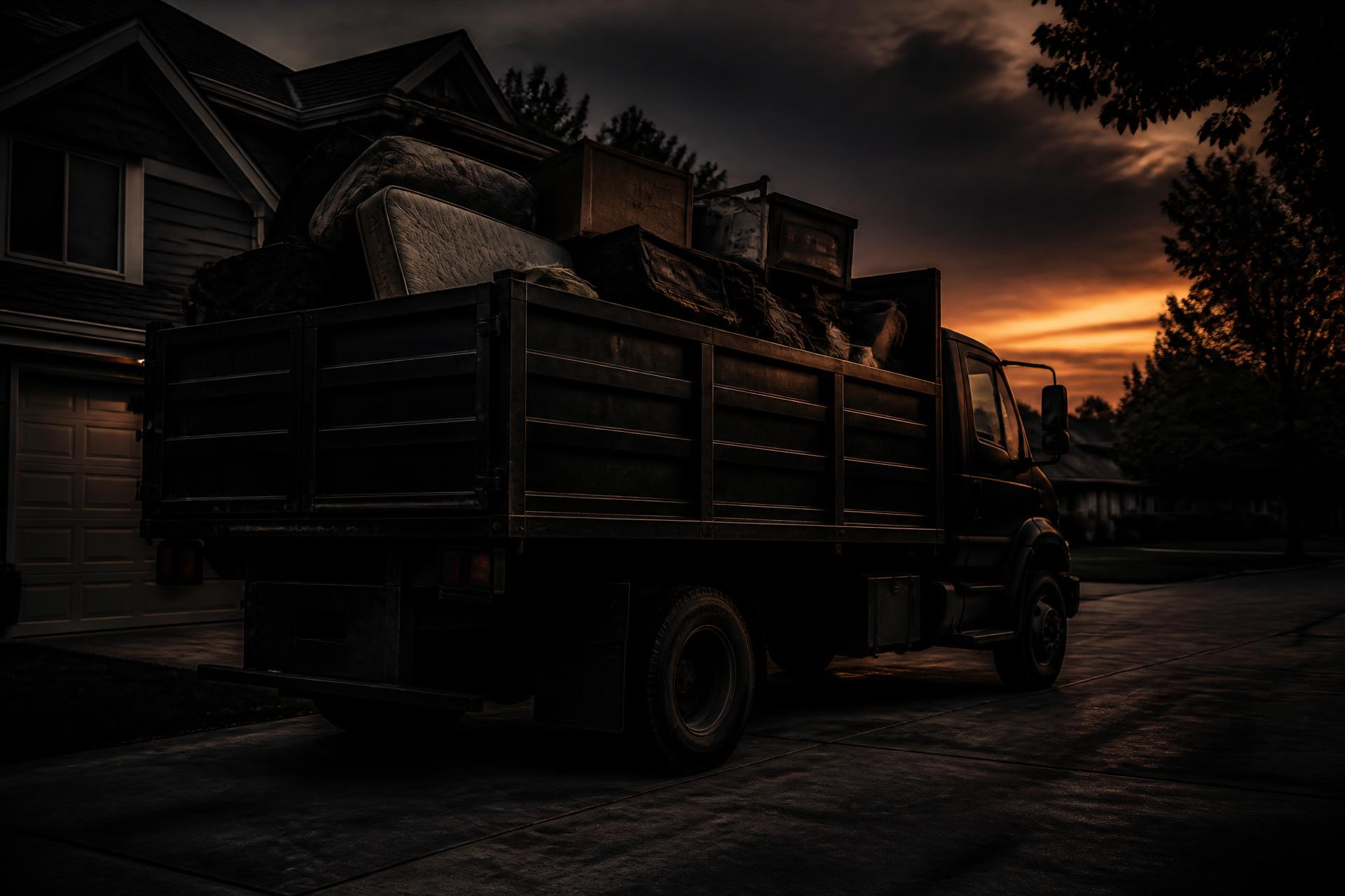 Big Haulers 716 truck loaded with old furniture in a Buffalo-area driveway at dusk